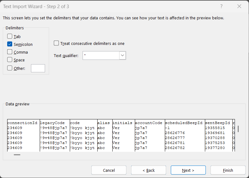 Shows step 2 of 3 of the "Text Import Wizard". Delimiters has only 'Semicolon' checked. "Treat consecutive delimiters as one" is not selected. Text qualifier is set to double quotes. 